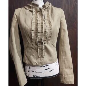 Khaki Tan Cropped Ruffle Fringe Lined Jacket Blazer Womens 6 Small Career cotton